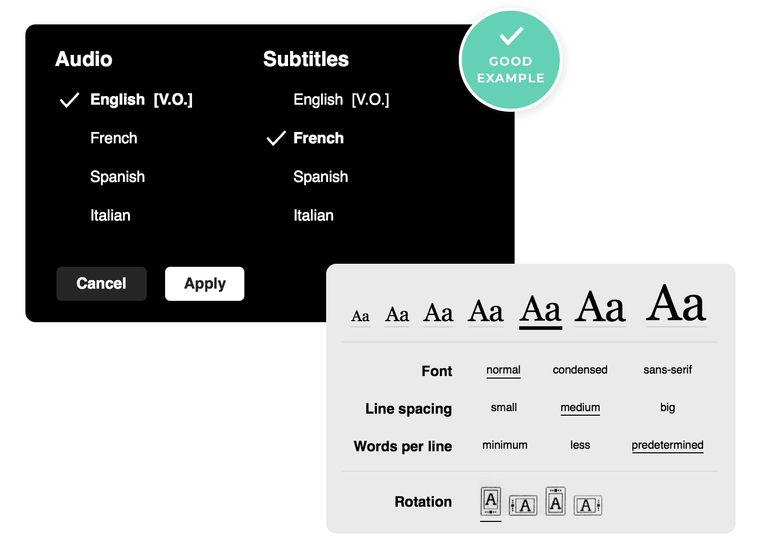 Accessibility settings for audio, subtitles, font, and line spacing, showcasing an inclusive and user-friendly interface