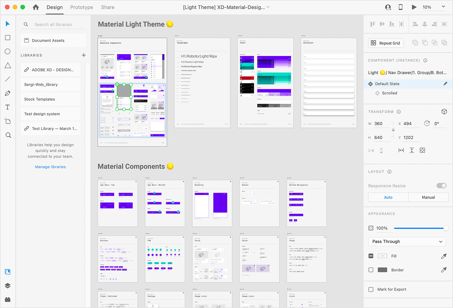 Adobe XD Material Design library interface showcasing light theme and components