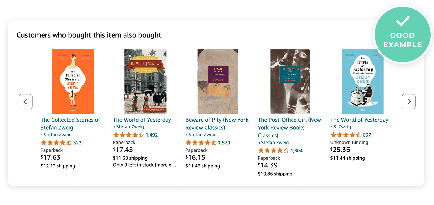 Amazon recommendation section displaying related books by Stefan Zweig as a good UX design example for personalized suggestions