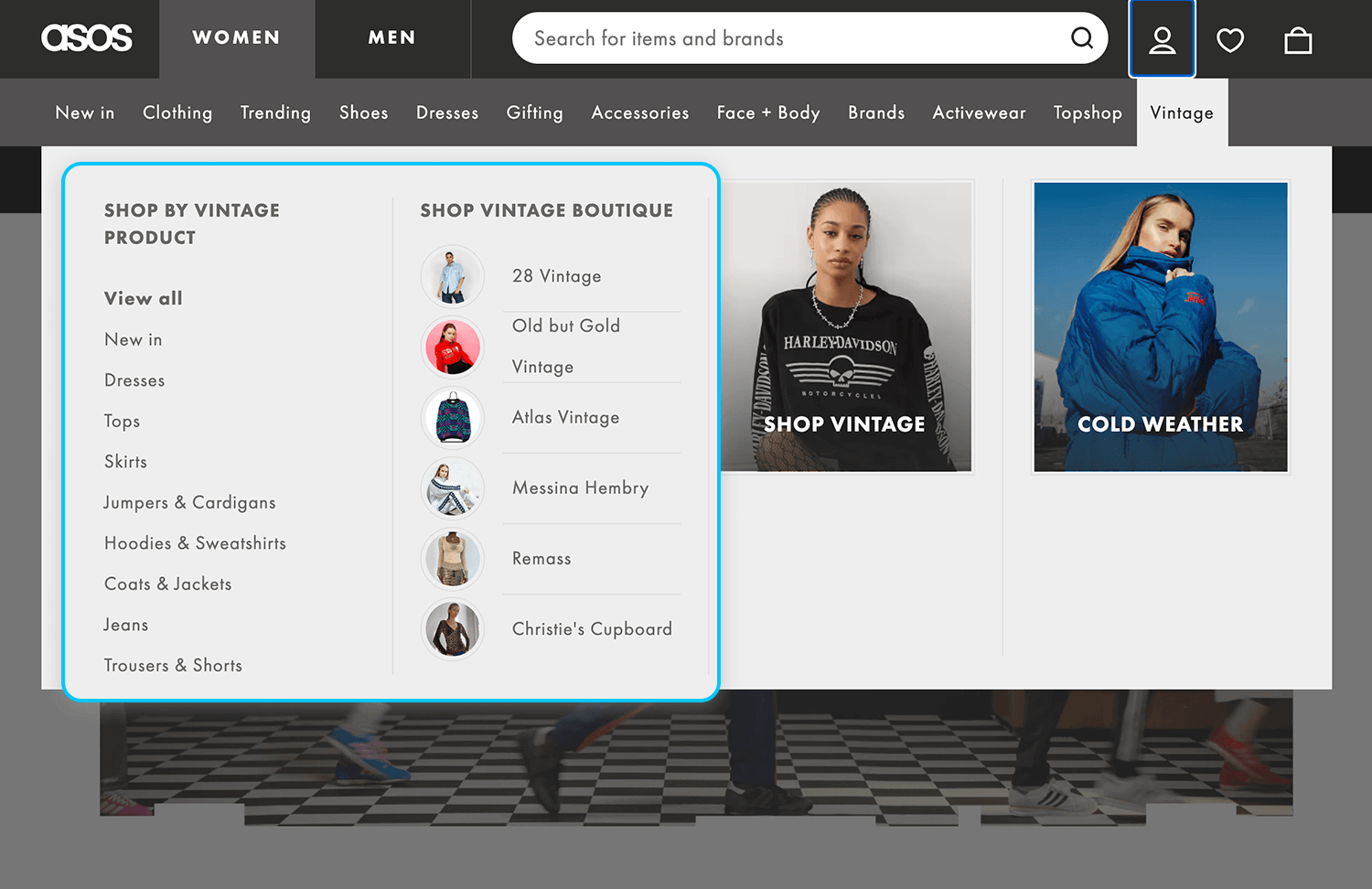 ASOS shopping menu showcasing categories and vintage boutique options