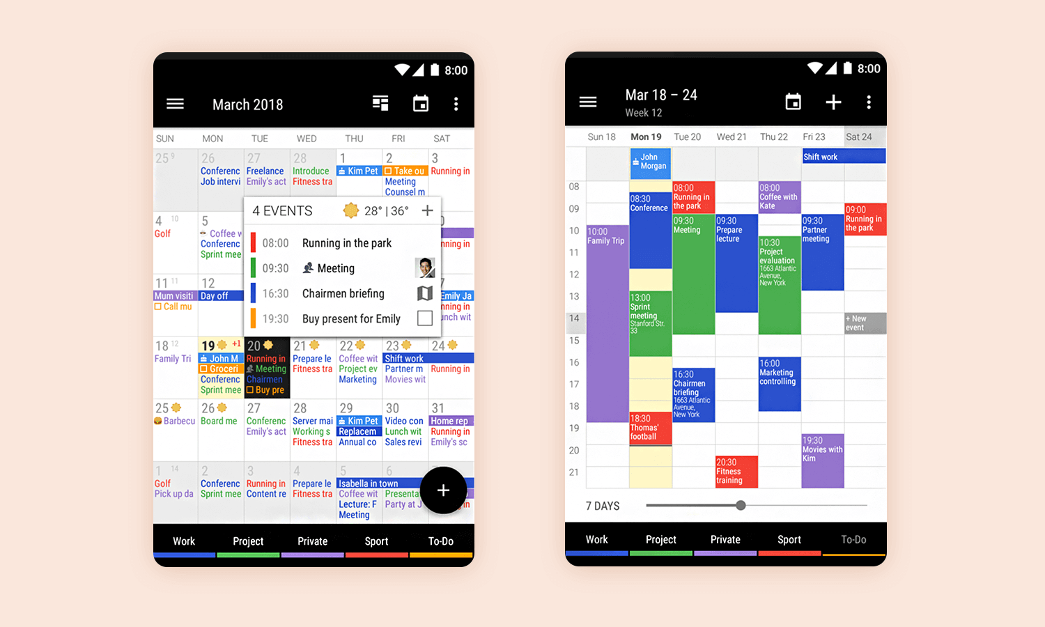 Business Calendar 2 app design with color-coded schedules for personal and business organization