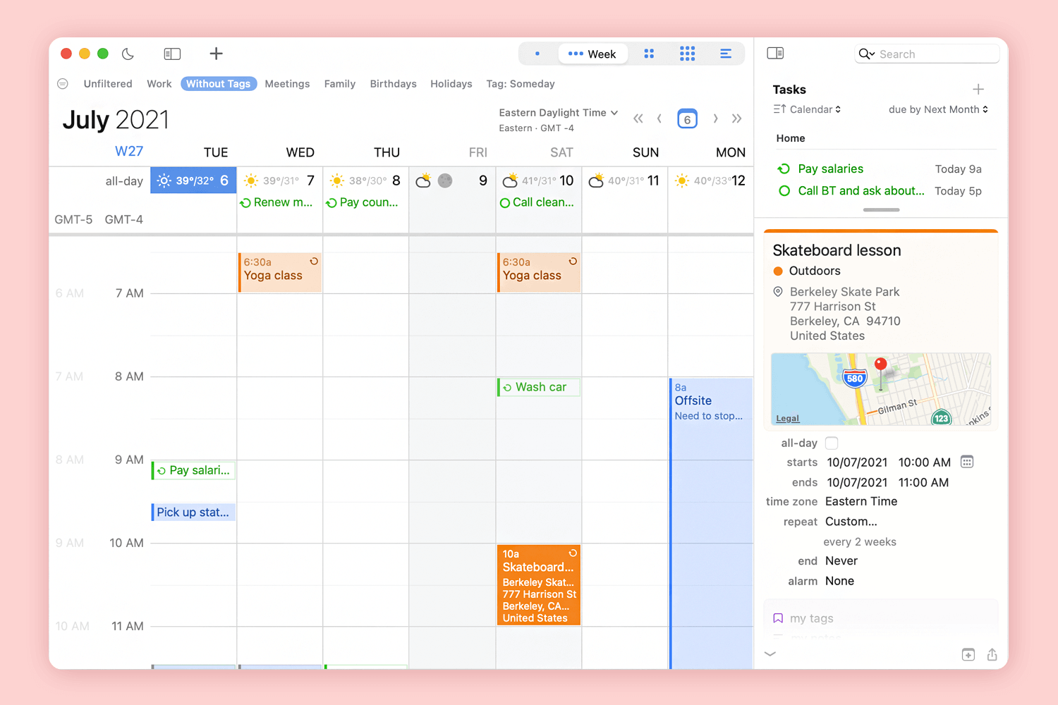 BusyCal calendar app design showcasing weekly tasks, events, and integrated weather updates.