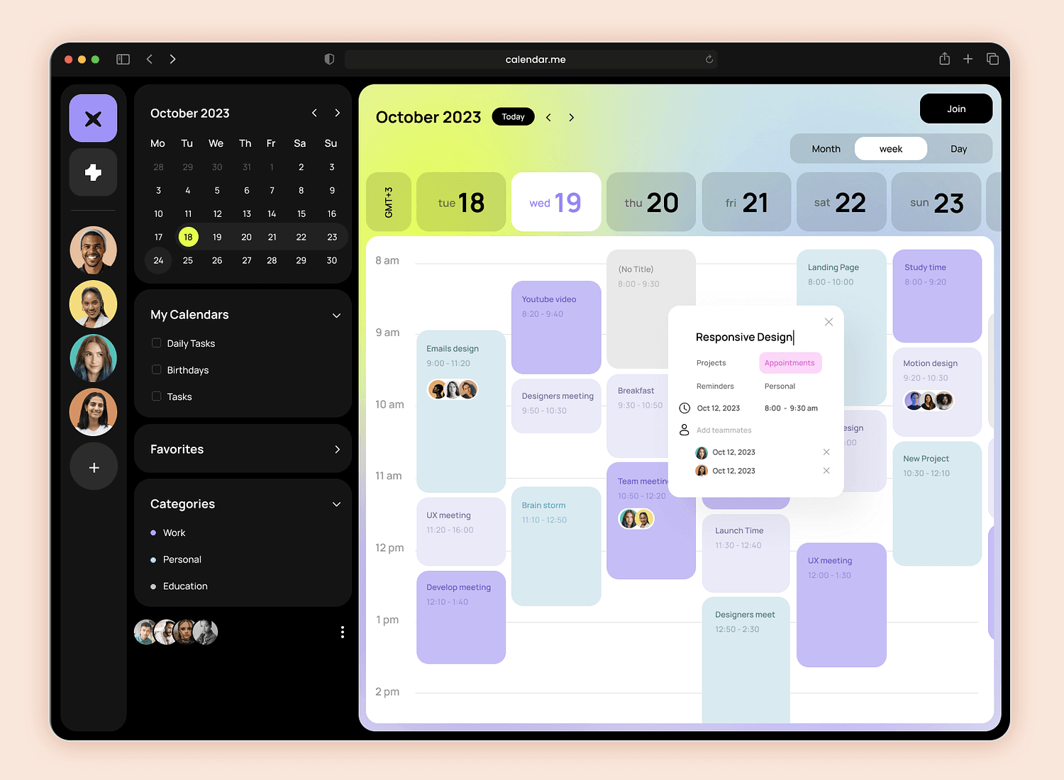 Interactive calendar dashboard app design with event categories, reminders, and task management features.