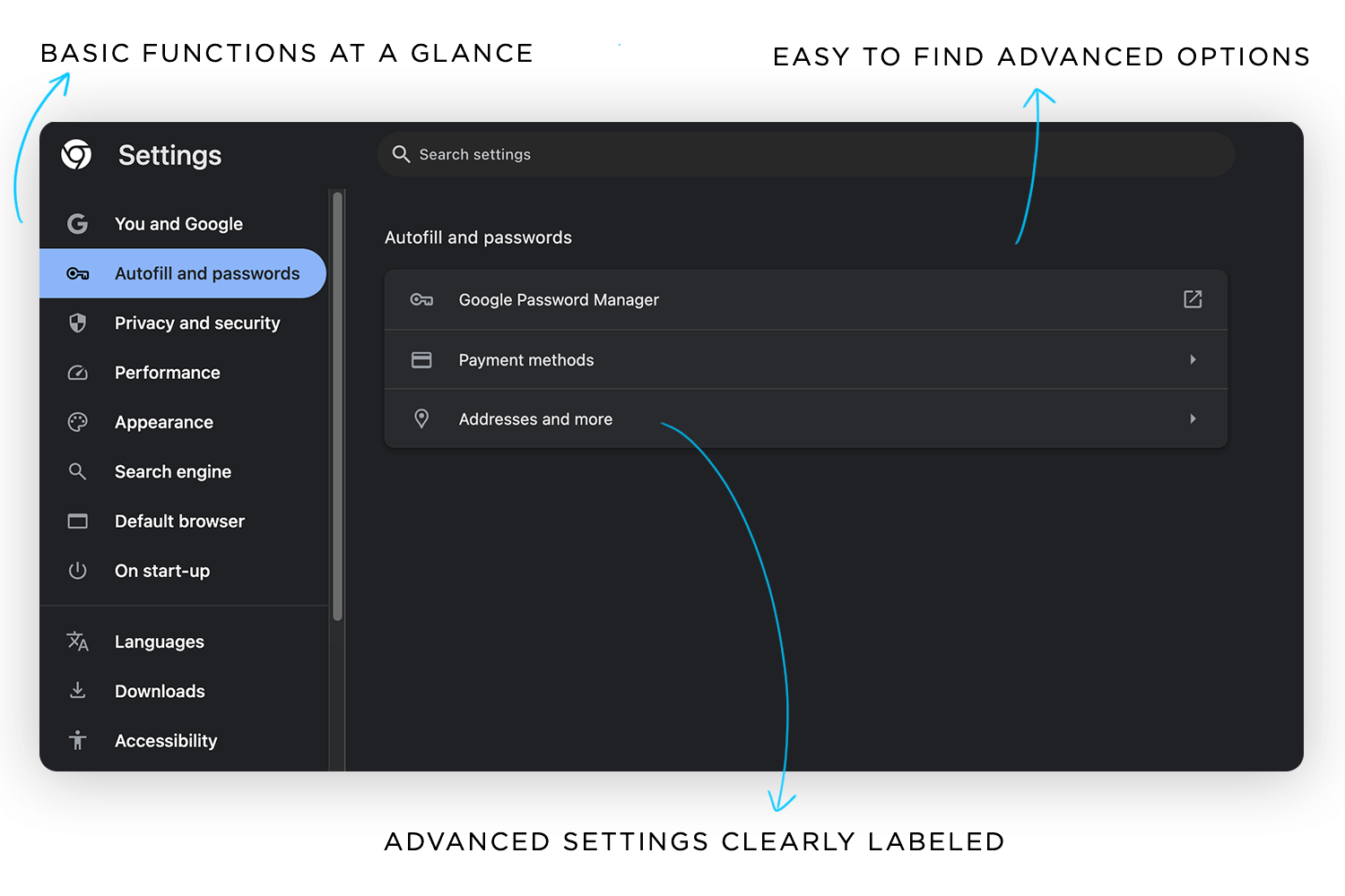 Chrome settings screen showing basic features upfront and easy-to-find advanced options