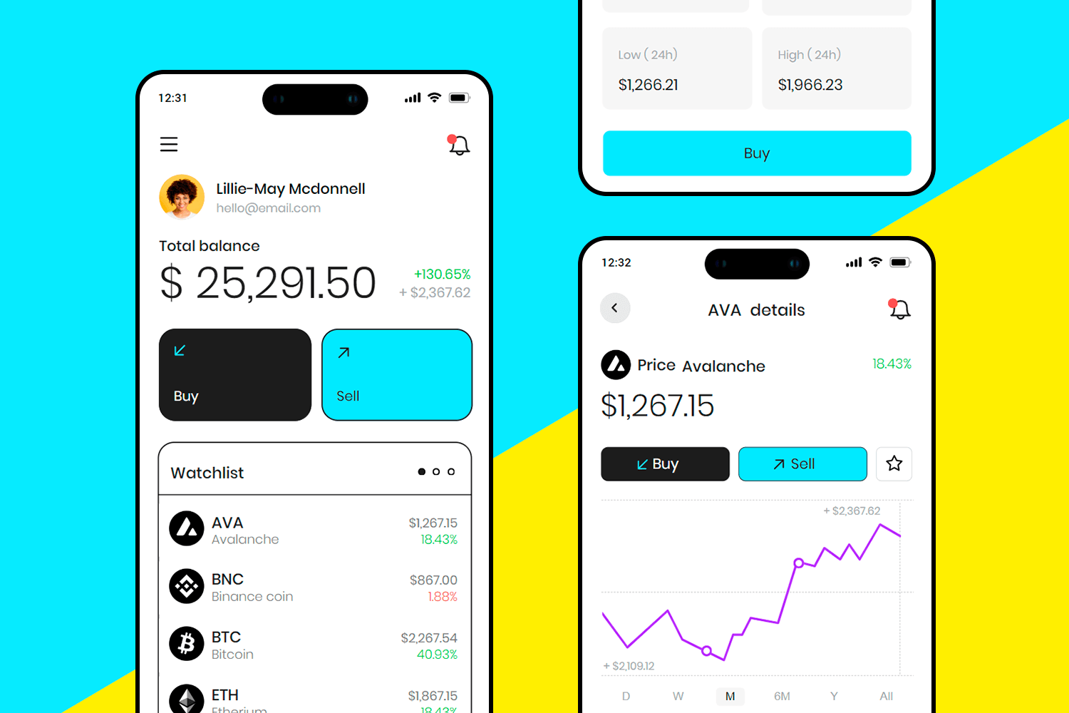 Cryptocurrency app UI design example showing user balance, watchlist, and trading options