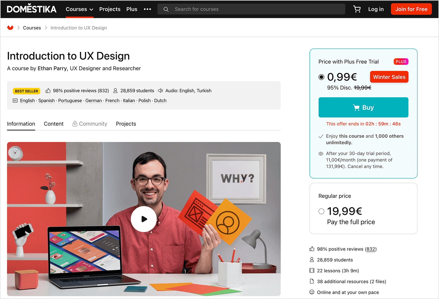 Domestika’s UX Design course by Ethan Parry: 22 lessons, 38 resources, beginner-friendly, multilingual