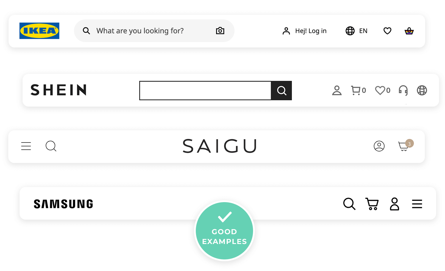 Examples of intuitive and user-friendly navigation bars from IKEA, Shein, Saigu, and Samsung for seamless e-commerce experiences