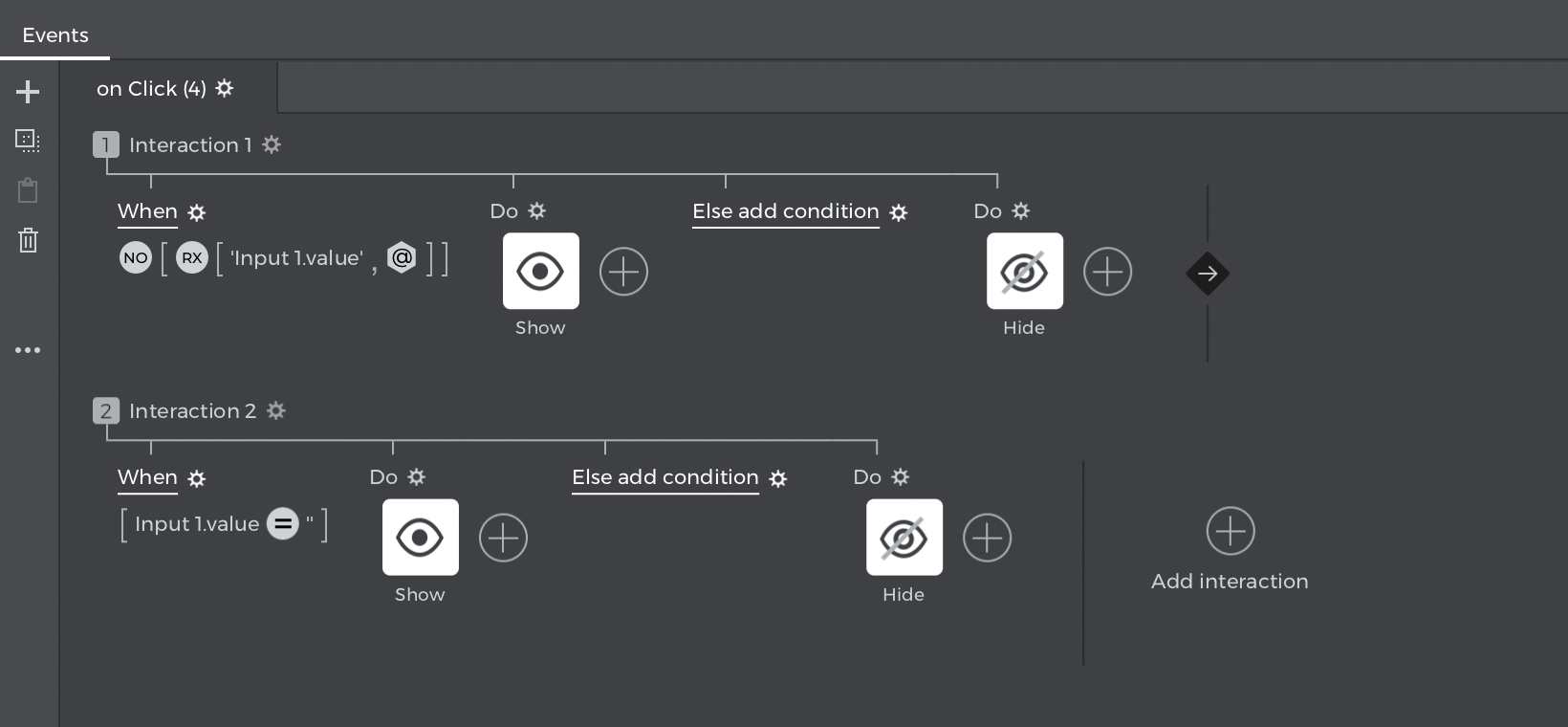 View of the events palette with all events and conditions