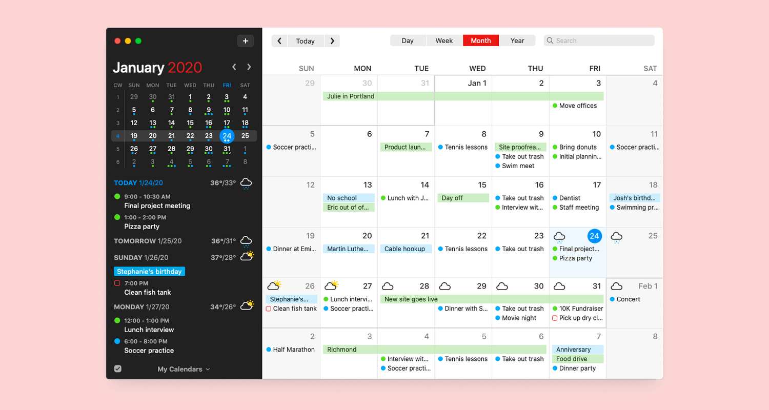 Fantastical calendar app interface showing a detailed monthly view, weather integration, and event scheduling features