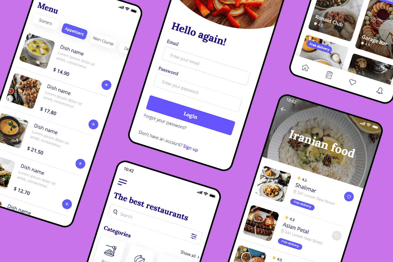 Food delivery app UI showing menu, login, and restaurant search.