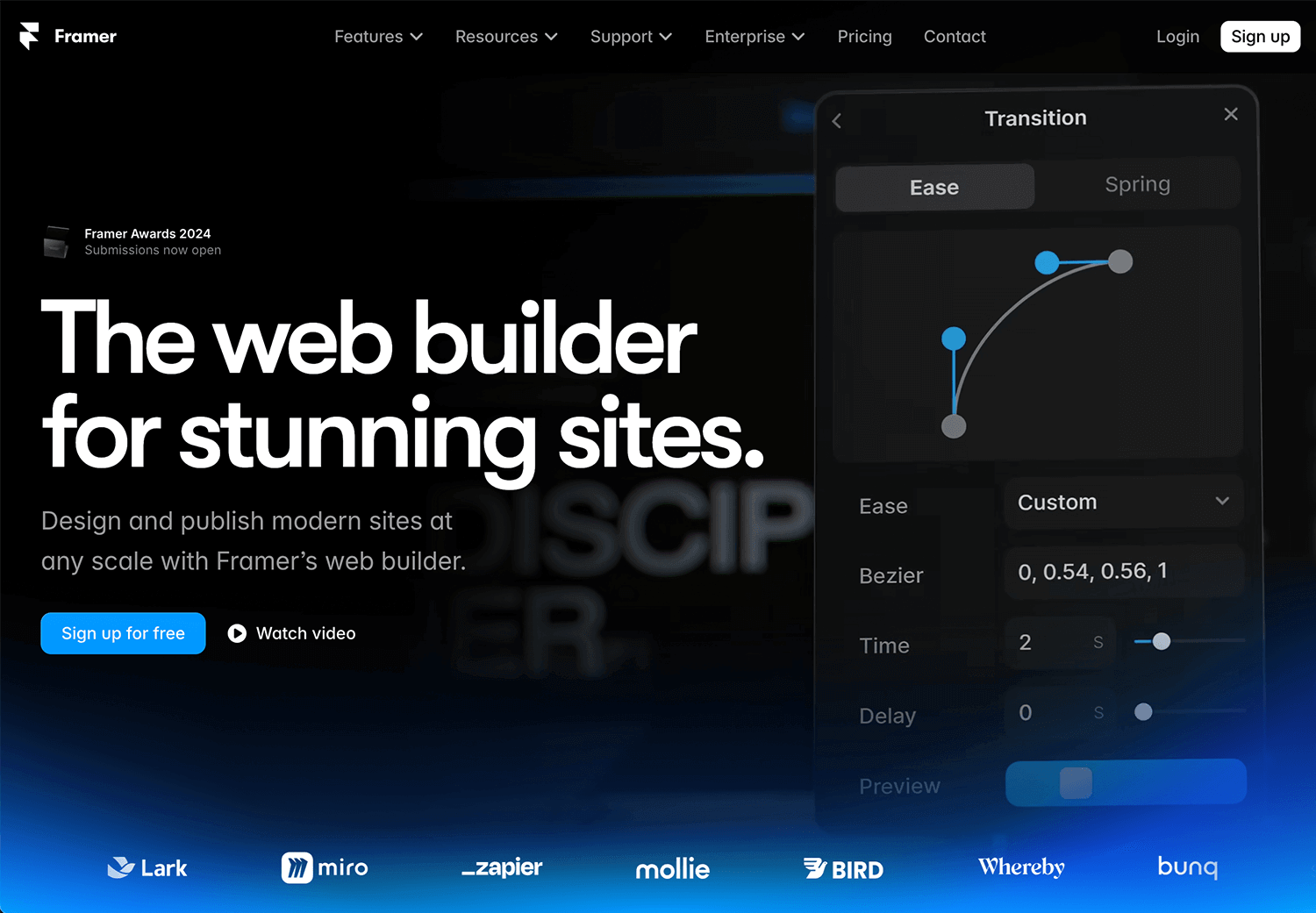 Framer web builder showcasing transition animations and design tools for modern websites