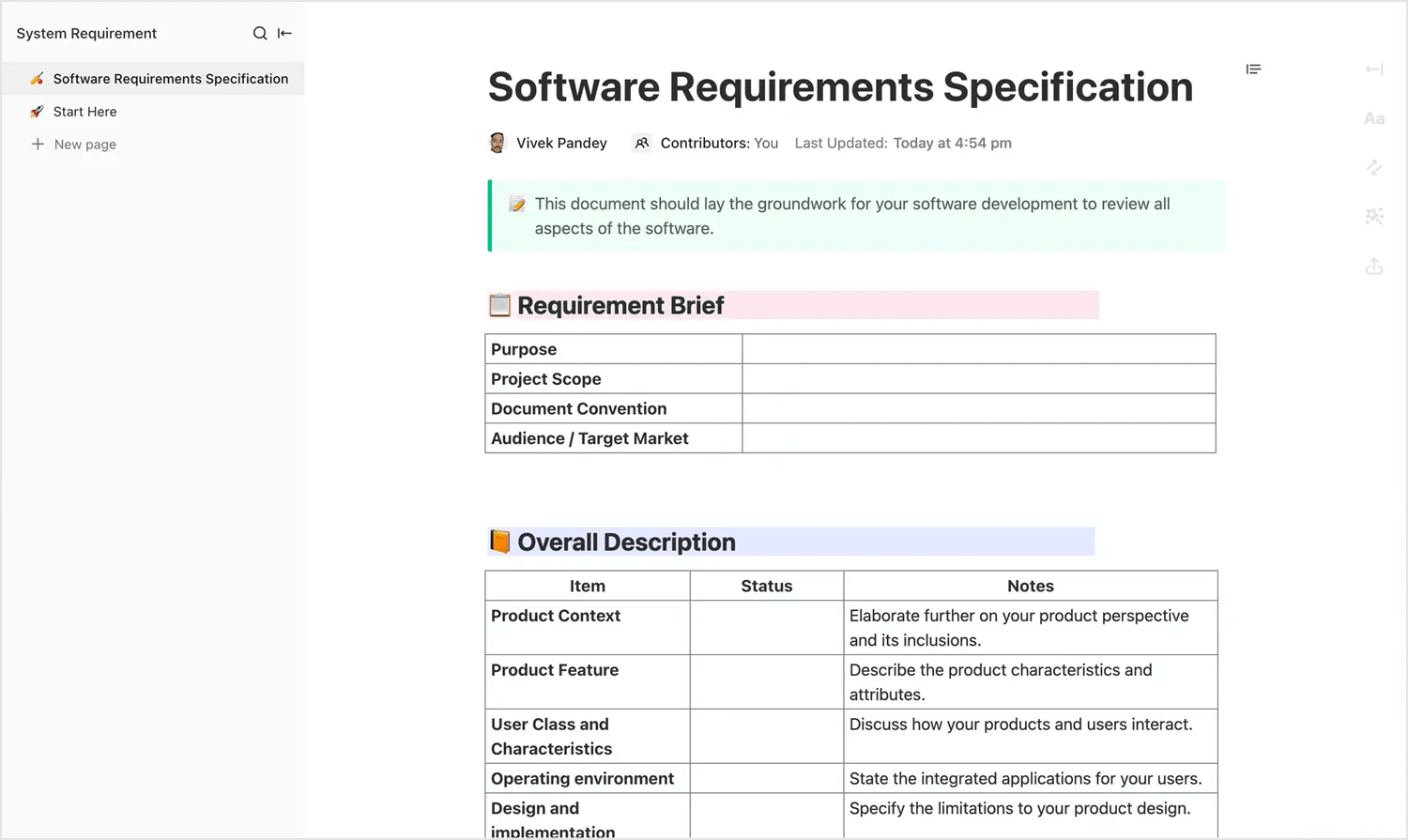 Software requirements specification document overview with sections for requirement brief and overall description