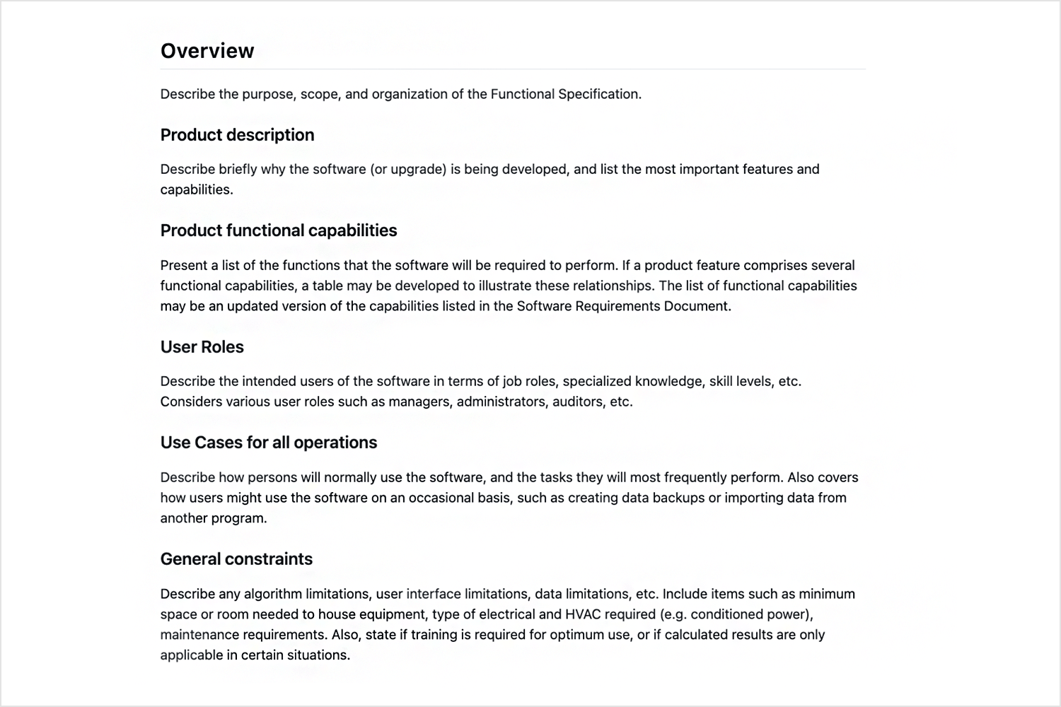 Overview of functional specification document structure