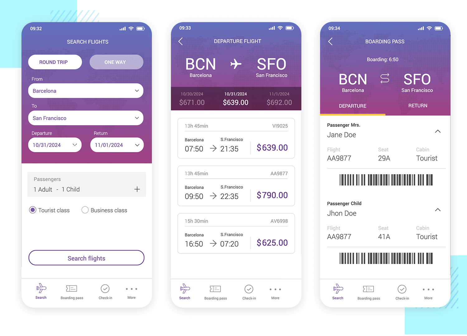 Example of a high fidelity flight-booking app from Justinmind