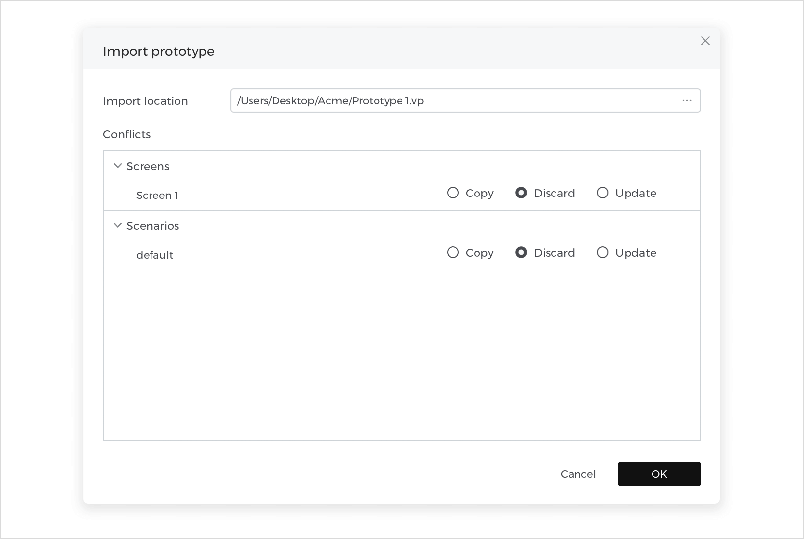 Import prototype dialog