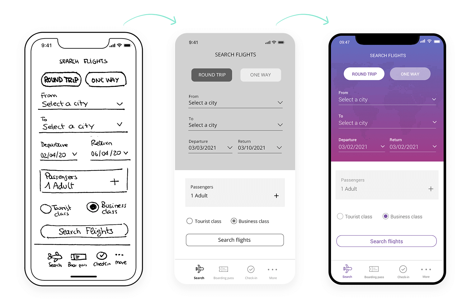 Low to high fidelity wireframes progression for a flight search app with design refinement and usability improvements