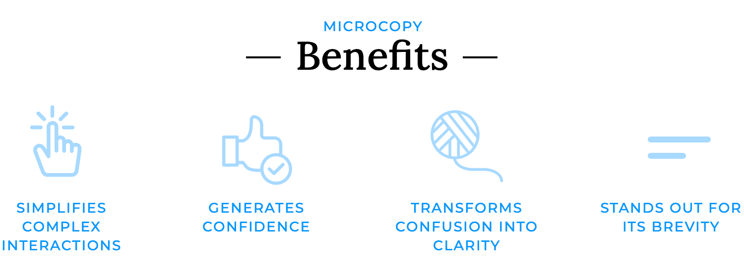 Key benefits of microcopy in UX, including clarity and confidence.