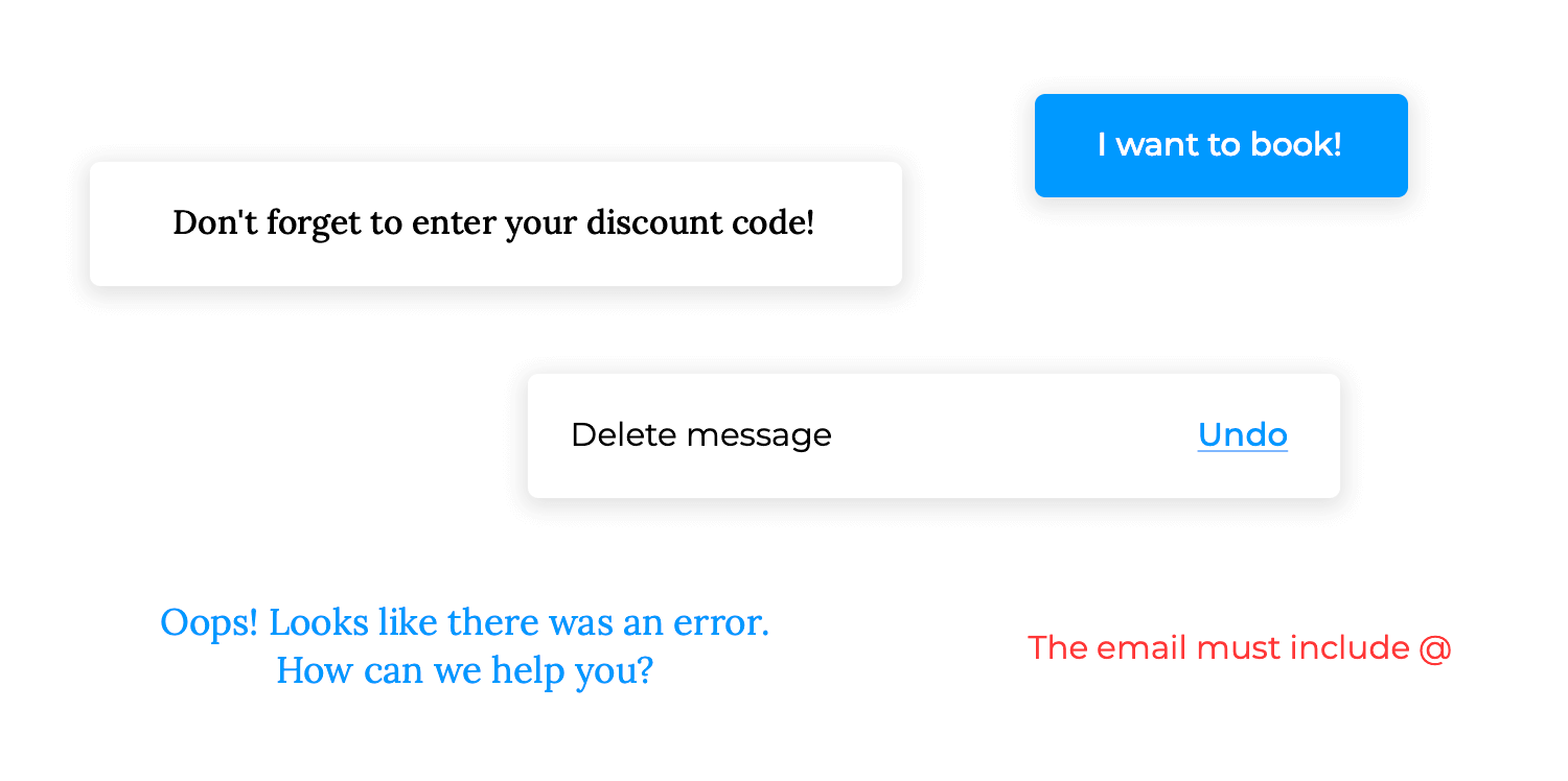 Microcopy examples showing buttons, error messages, and CTAs.