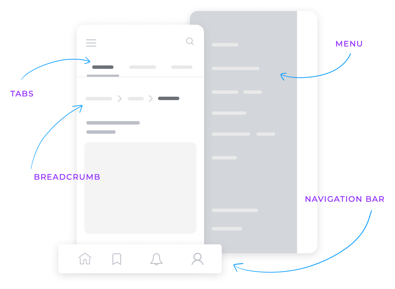 Mobile app navigation with tabs, breadcrumb, menu, and navigation bar.