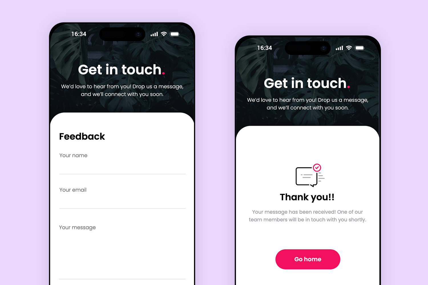 Creative contact form mockup with feedback and thank you screens.