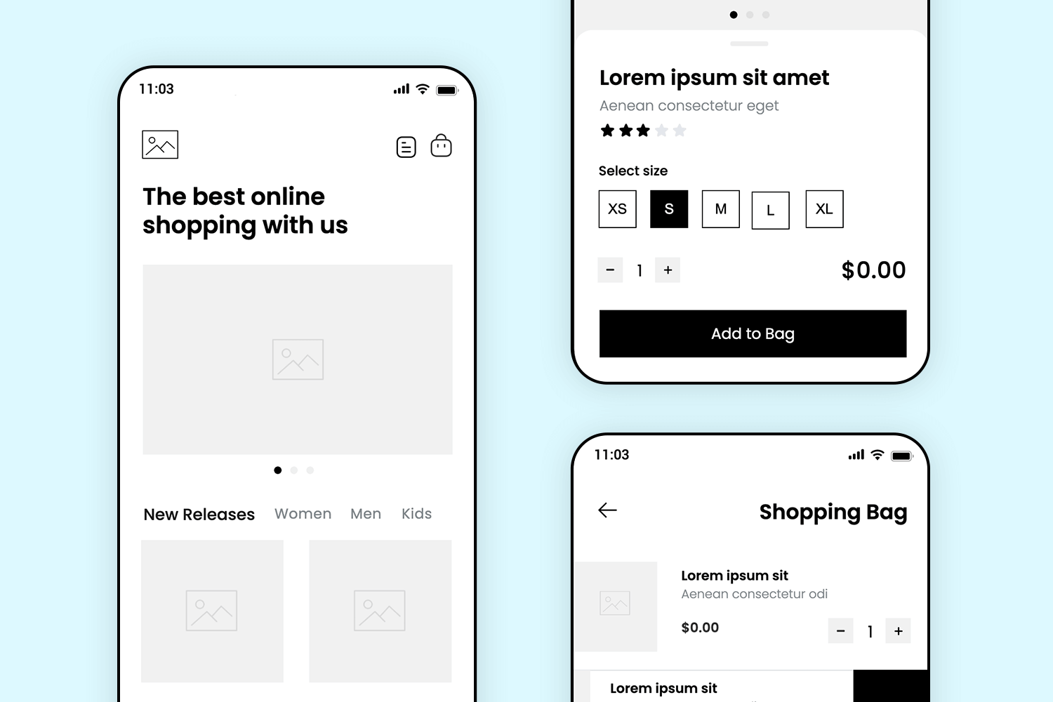 Ecommerce app mockup with product details and shopping bag screen