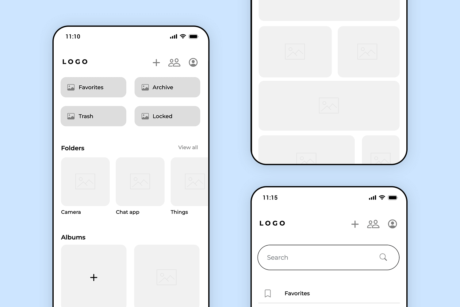 Photo app mockup with folders and search screen