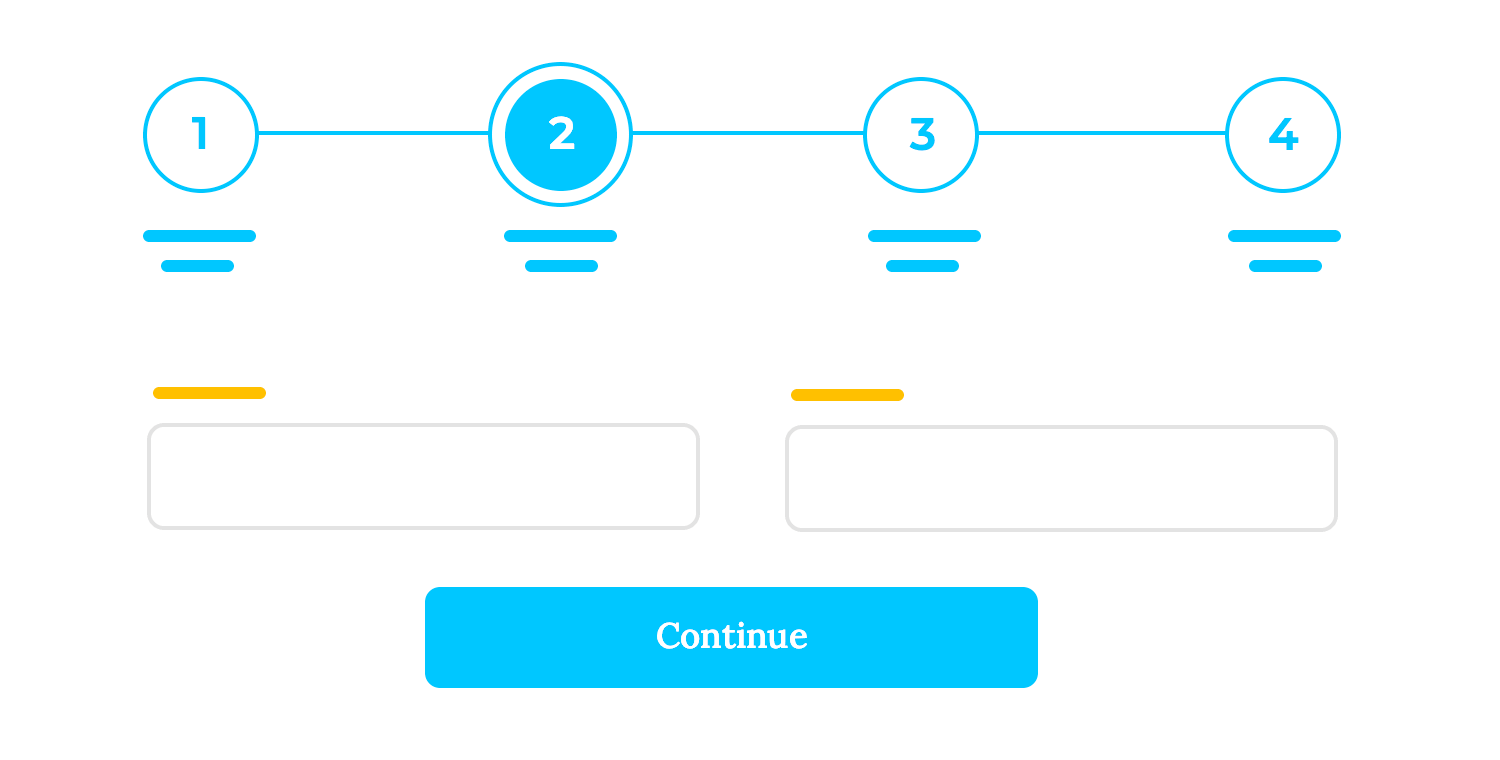 Multi-step form showing progress through four steps with a highlighted second step and a 'Continue' button