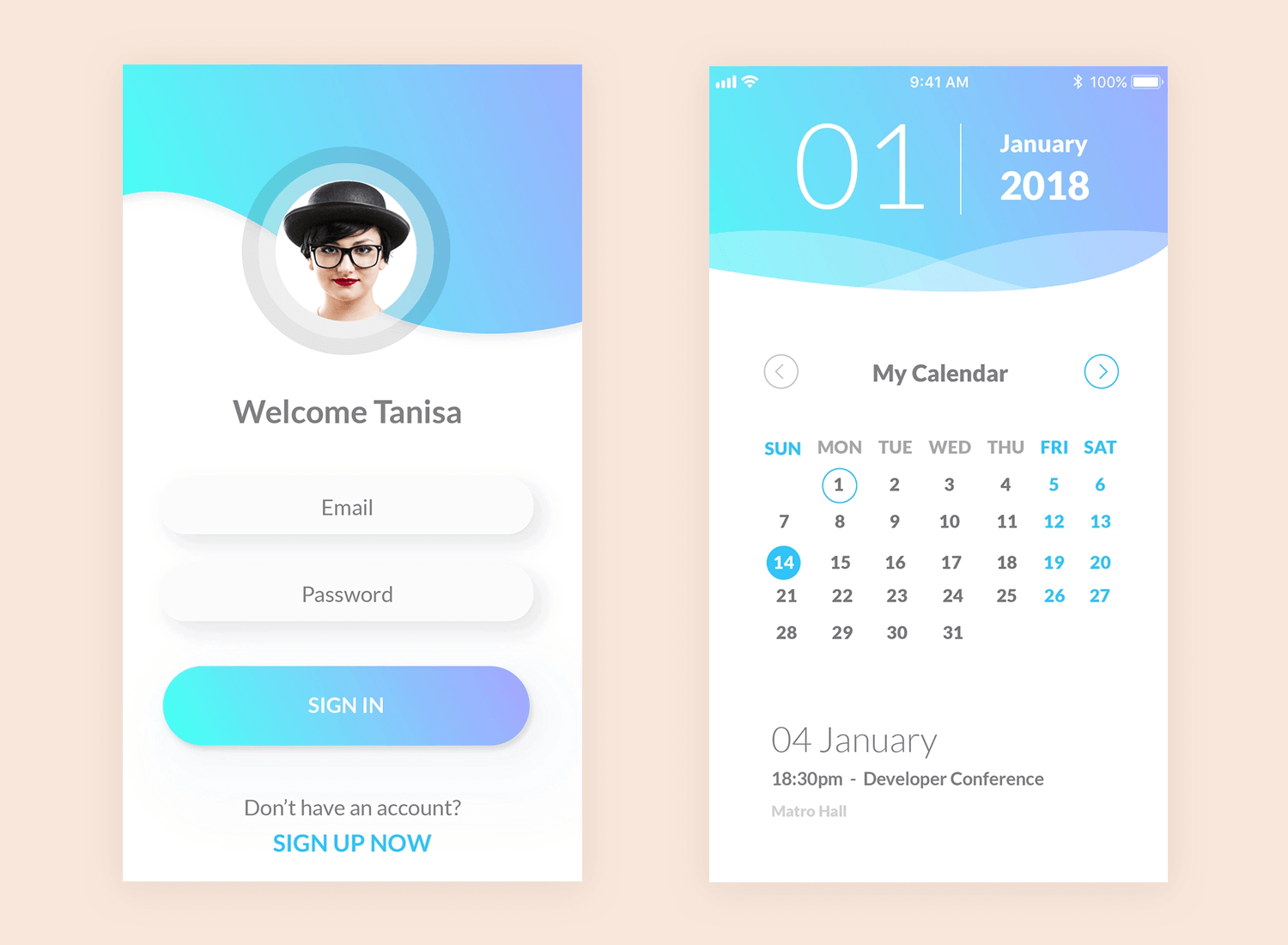 My calendar app design with a clean login interface and a monthly view for event tracking