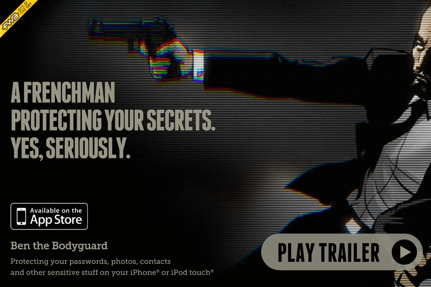 Ben the Bodyguard website with parallax scrolling featuring a noir-style illustration and security app promotion.