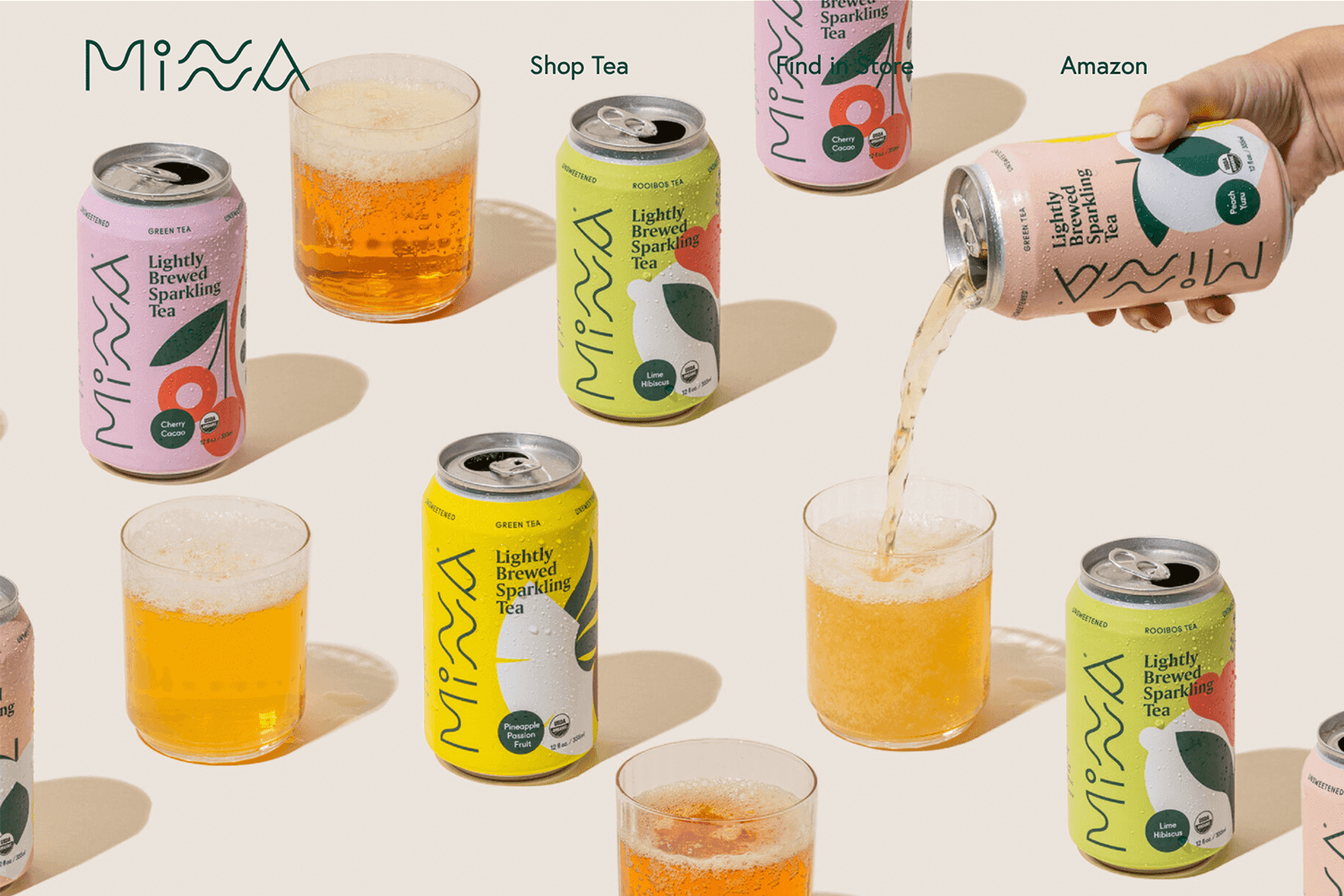 Minna website showcasing parallax scrolling with colorful sparkling tea cans and smooth transitions