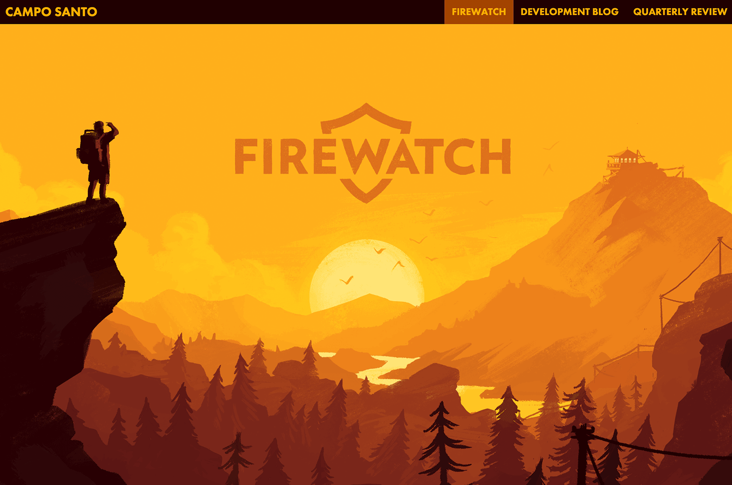 Firewatch website with immersive parallax scrolling showcasing a sunset over forested mountains