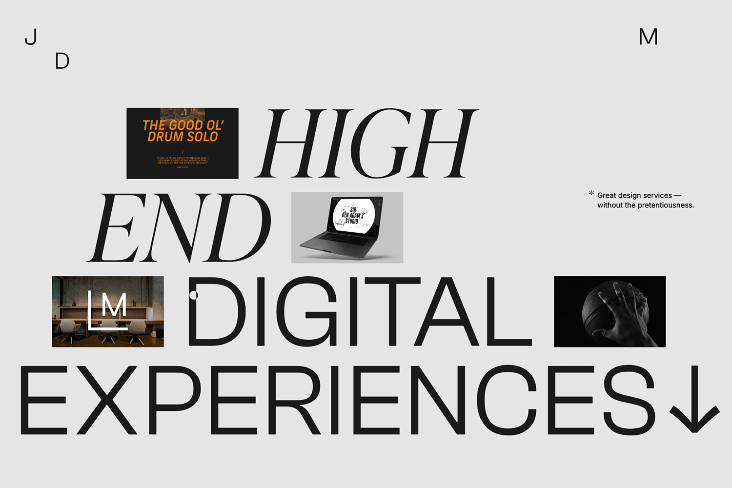 Jomor Design website showcasing a parallax scrolling layout with bold typography and high-end digital experience visuals