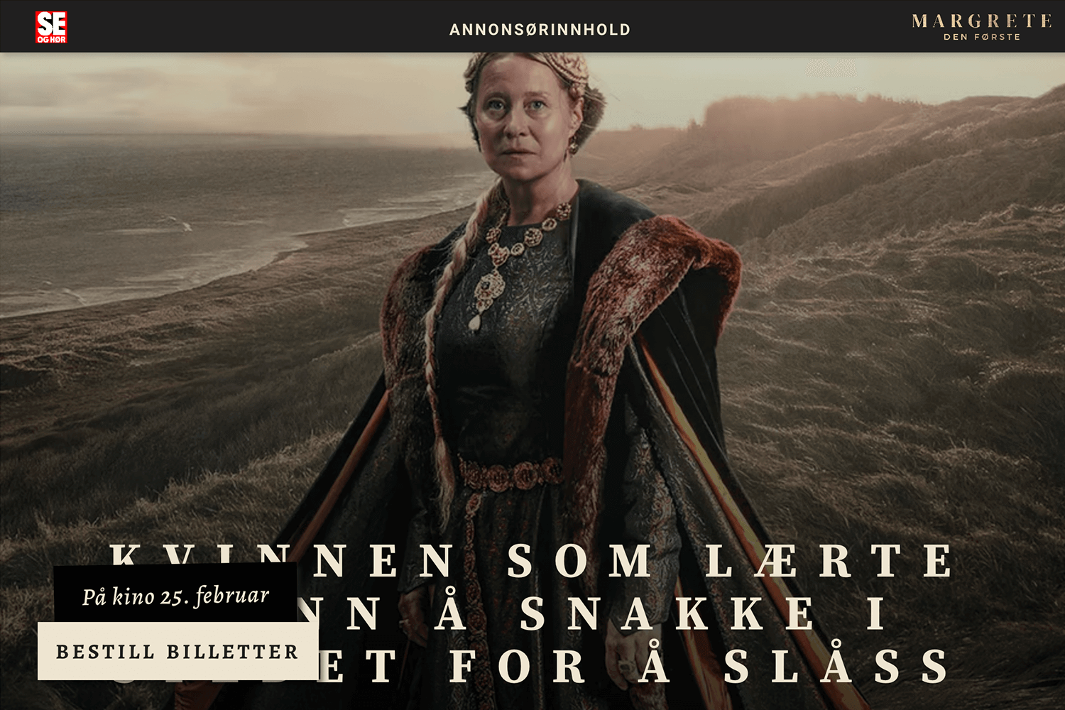 Parallax scrolling website for Margrete Den Første, showcasing a medieval woman in regal attire against a dynamic, windswept background with a call-to-action for tickets.