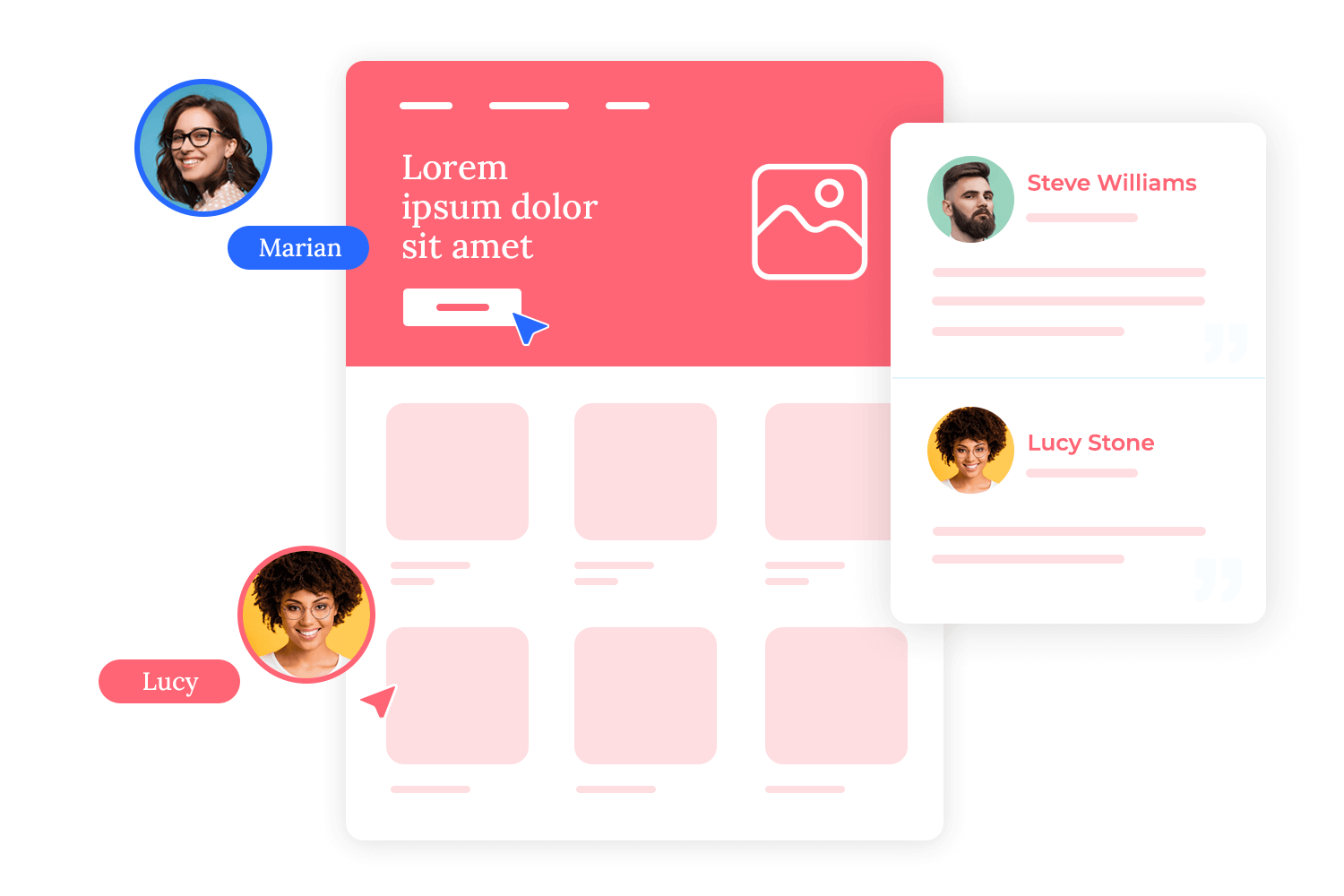 Real-time collaboration in UI design featuring multiple users editing wireframes.