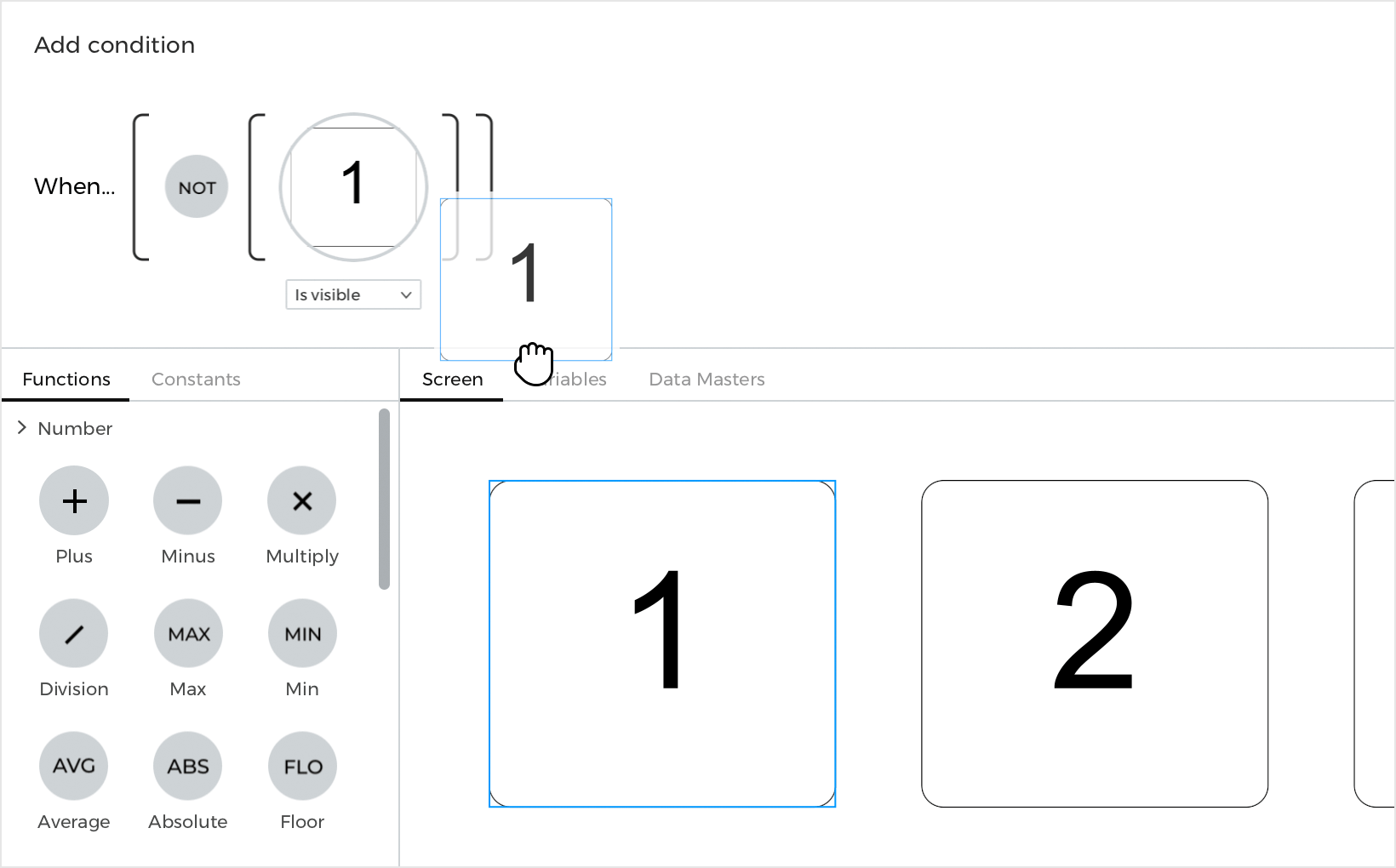 Drag the rectangle to the open space in the expression and select 'is visible' from the dropdown. Place a Not function in front of that