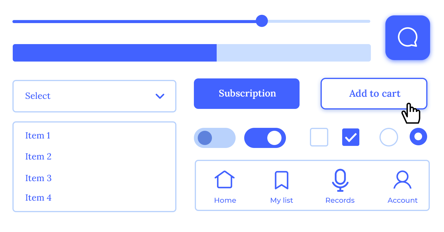 UI design components including dropdown menus, toggles, and buttons created using Sketch alternatives