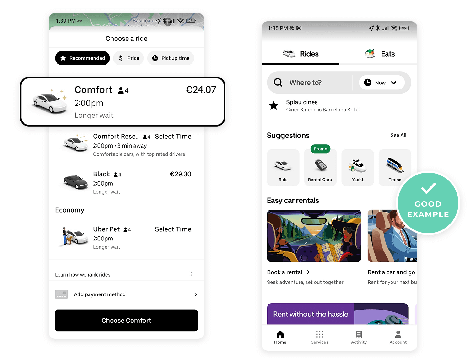 Uber app interface showcasing a well-organized ride selection screen with clear pricing and options as a good UX example