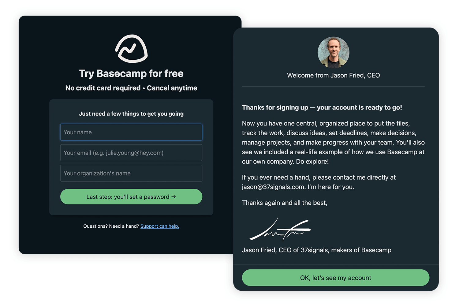 Basecamp onboarding form with a welcome message from the CEO.