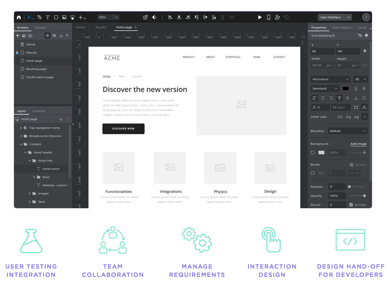 Wireframe tool interface showing user testing, collaboration, and design handoff features.