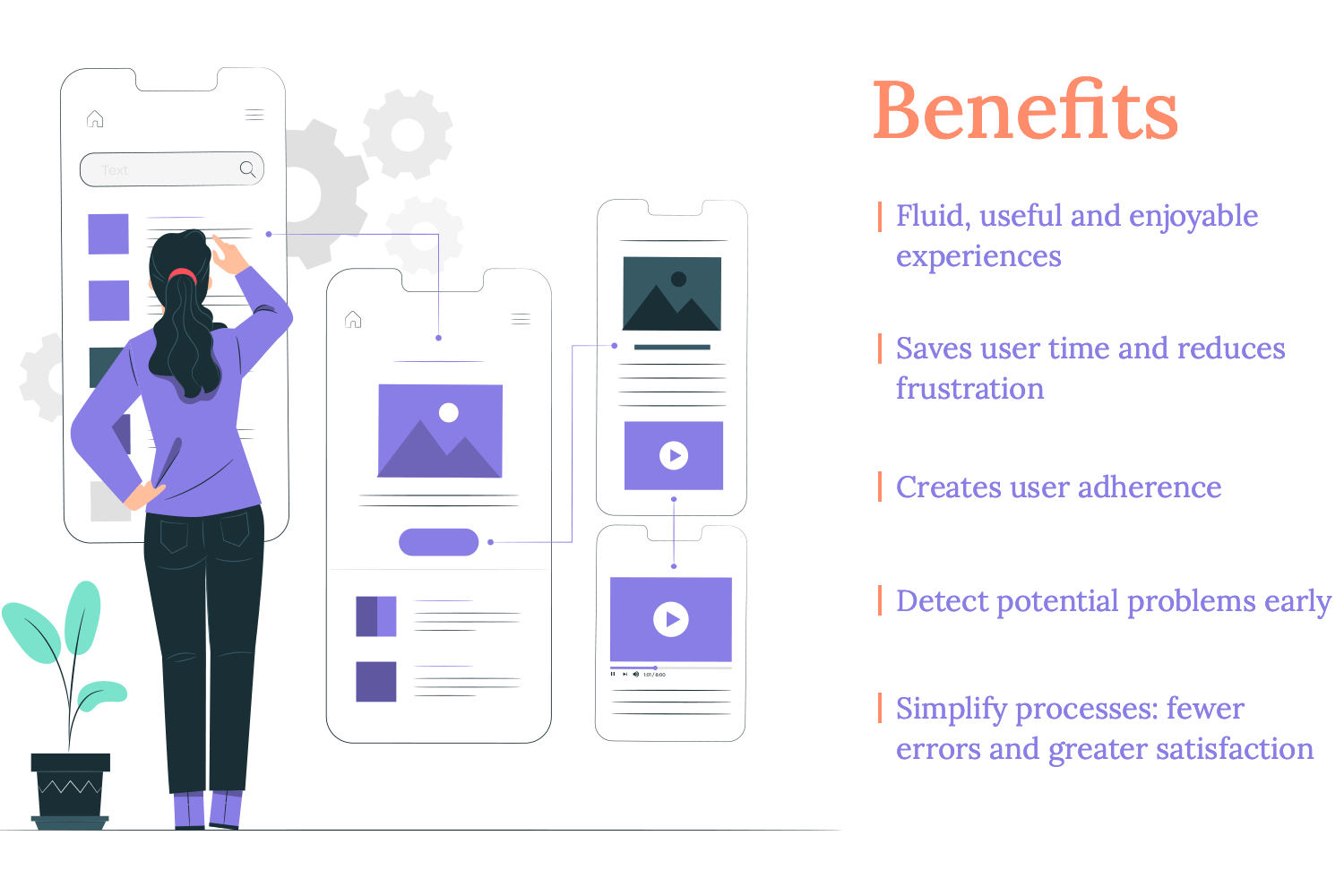 UX design benefits: fluid experiences, time-saving, user adherence, early problem detection, simplified processes