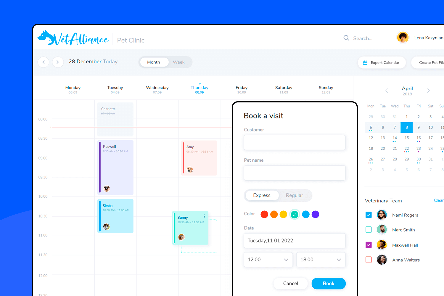 UI design example of a vet scheduling app, featuring a clean and easy-to-use interface for booking and managing pet appointments