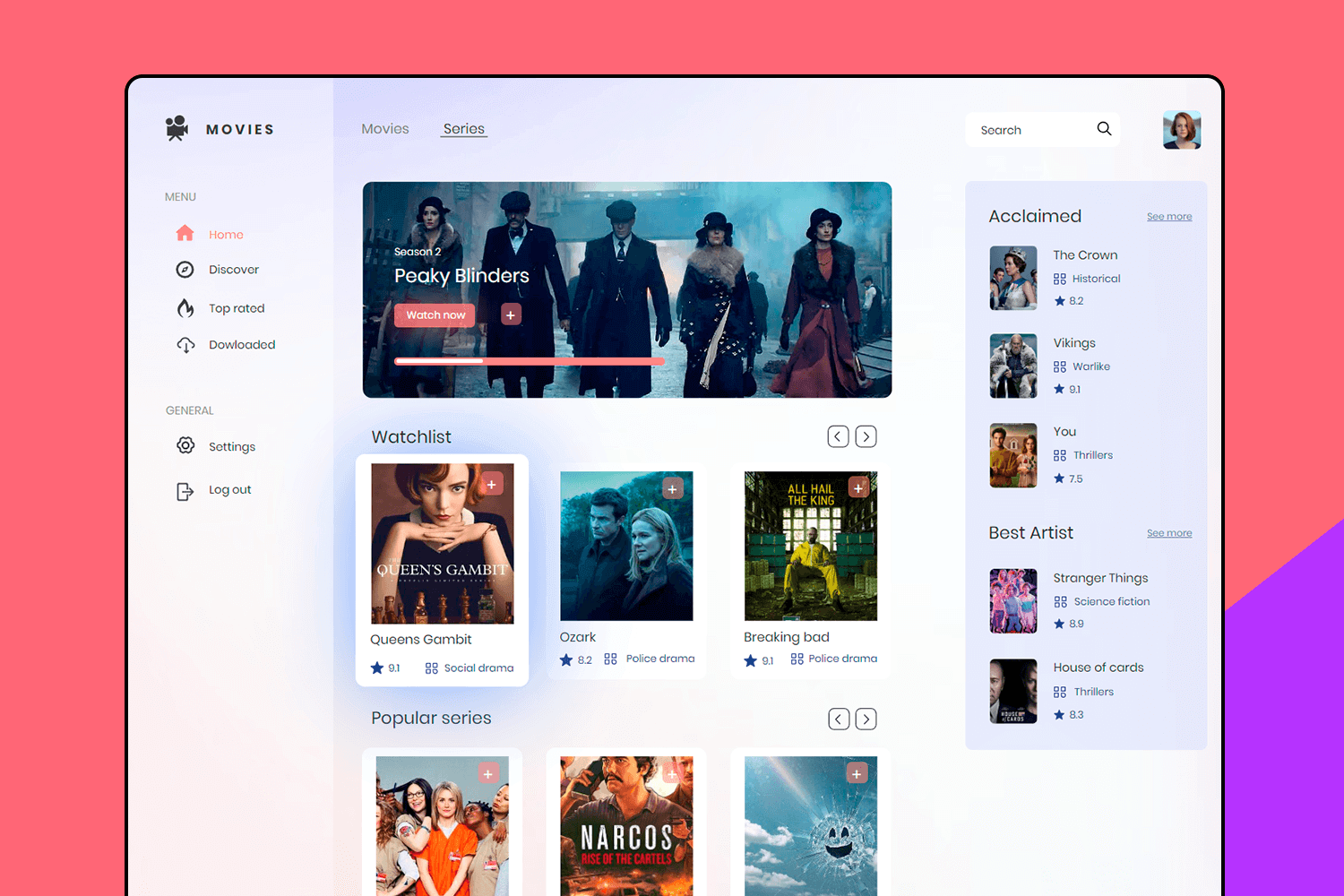 Streaming app UI design featuring a series watchlist and popular TV shows with clean, organized navigation