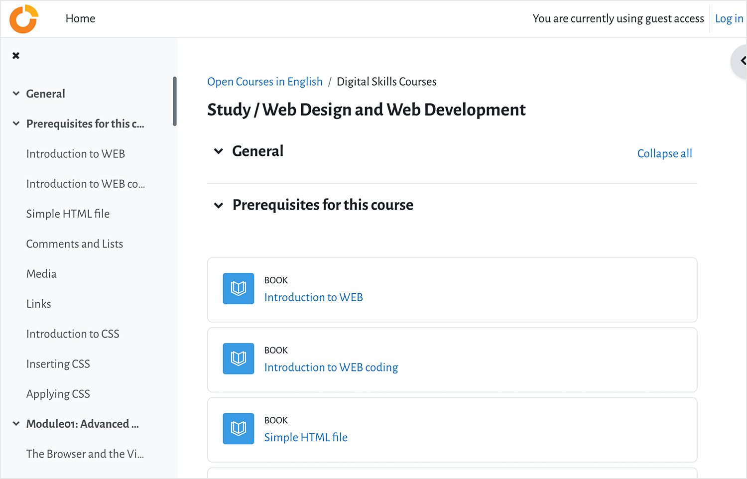 ELLK.GR online course interface for web design and web development, showing course prerequisites and module list