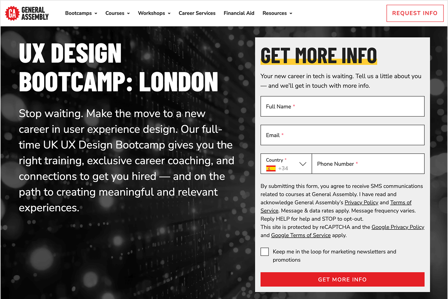 General Assembly's UX Design Bootcamp in London with a form to request more information