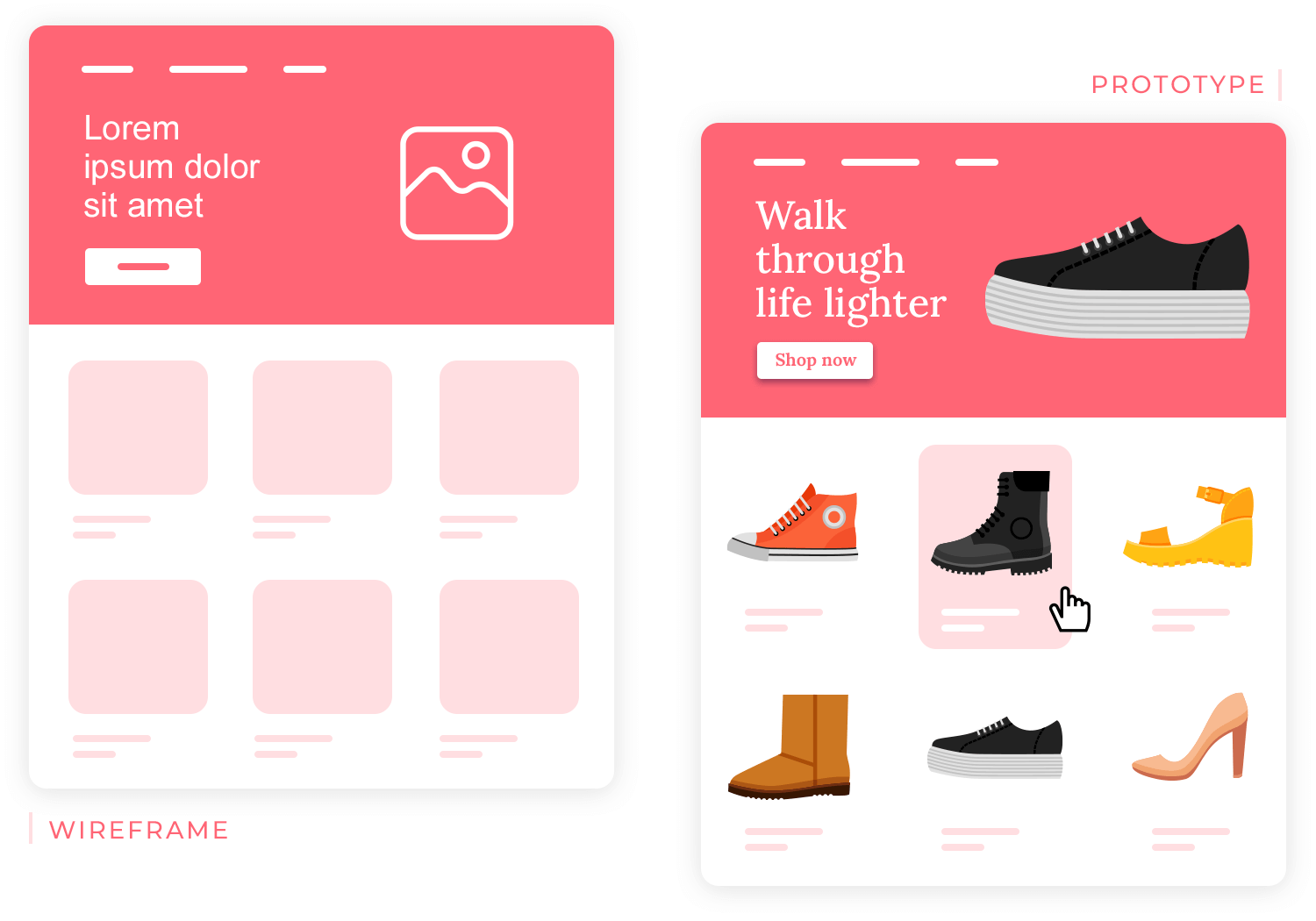 Example of transitioning from wireframe to prototype for a shoe store interface